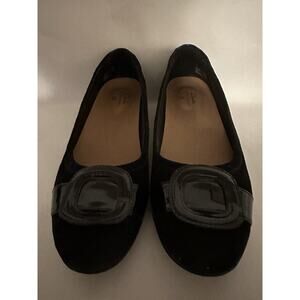 Clarks Unstructured Black Suede with Patent Leather Buckle Loafer Flat Shoes 9M